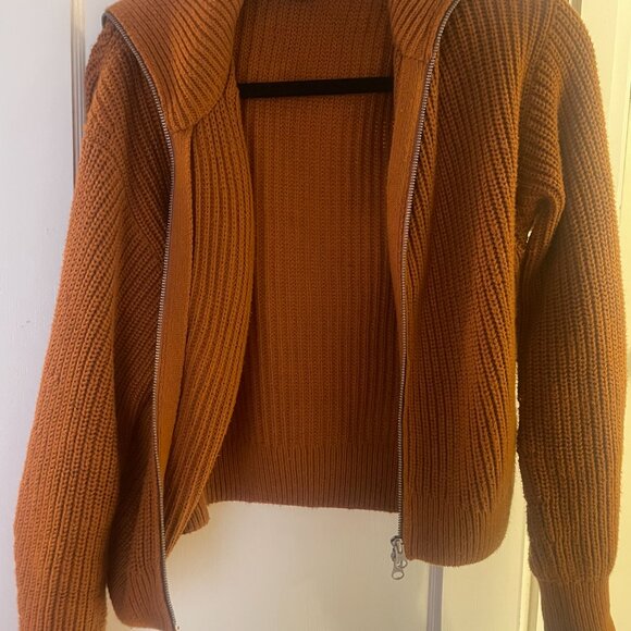 Everlane Organic Cotton Chunky Knit Zip Cardigan Toasted Almond Brown - Picture 2 of 7